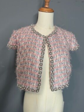 NWT Mac Duggal Pink Tweed Beaded Short Jacket